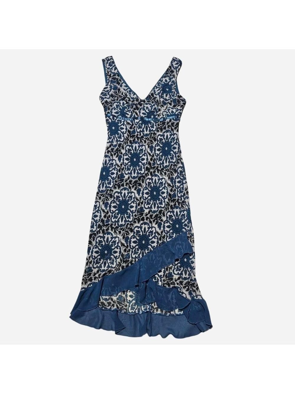 Vintage Jump Blue Floral High-Low Ruffle Maxi Dress Small